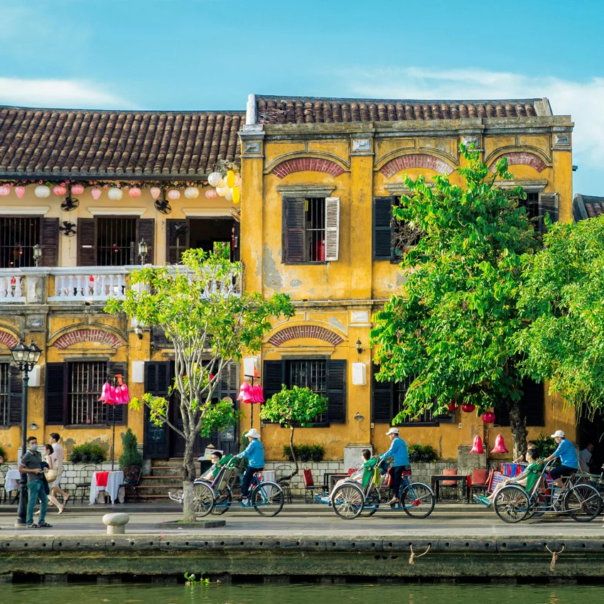 Hoi An Old Town in the morning with yellow houses and quiet streets